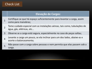 Elevação de Cargas:
1
Certifique-se que há espaço suficientemente para levantar a carga, assim
como para manobras;
2
Tome cuidado especial com as instalações aéreas, tais como, tubulações de
água, gás, elétricas, etc...
3 Observe se a carga está segura, especialmente no caso de peças soltas;
4
Levante a carga um pouco, se ela inclinar para um dos lados, abaixe-as e
acerte o balanceamento;
5
Não passe com a carga sobre pessoas e nem permita que elas passem sob a
carga.
Check List
 