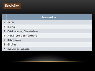 Acessórios:
1 Faróis
2 Buzina
3 Catalisadores / Silenciadores
4 Alerta sonoro de marcha-ré
5 Retrovisores
6 Giroflex
7 Extintor de Incêndio
Revisão:
 