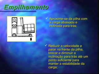 EmpilhamentoEmpilhamento
 Aproxime-se da pilha comAproxime-se da pilha com
a carga abaixada ea carga abaixada e
inclinada para trás;inclinada para trás;
 Reduzir a velocidade eReduzir a velocidade e
parar na frente da pilha,parar na frente da pilha,
brecar e diminuir abrecar e diminuir a
inclinação para trás até uminclinação para trás até um
ponto suficiente paraponto suficiente para
manter a estabilidade damanter a estabilidade da
carga;carga;
 
