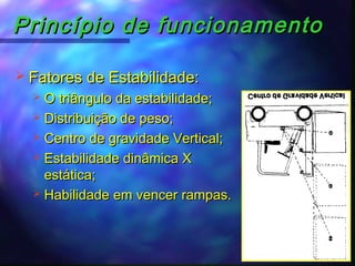 Princípio de funcionamentoPrincípio de funcionamento
 Fatores de Estabilidade:Fatores de Estabilidade:
 O triângulo da estabilidade;O triângulo da estabilidade;
 Distribuição de peso;Distribuição de peso;
 Centro de gravidade Vertical;Centro de gravidade Vertical;
 Estabilidade dinâmica XEstabilidade dinâmica X
estática;estática;
 Habilidade em vencer rampas.Habilidade em vencer rampas.
 