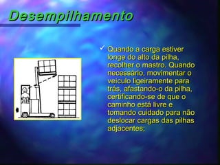 DesempilhamentoDesempilhamento
 Quando a carga estiverQuando a carga estiver
longe do alto da pilha,longe do alto da pilha,
recolher o mastro. Quandorecolher o mastro. Quando
necessário, movimentar onecessário, movimentar o
veículo ligeiramente paraveículo ligeiramente para
trás, afastando-o da pilha,trás, afastando-o da pilha,
certificando-se de que ocertificando-se de que o
caminho está livre ecaminho está livre e
tomando cuidado para nãotomando cuidado para não
deslocar cargas das pilhasdeslocar cargas das pilhas
adjacentes;adjacentes;
 