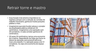 Retrair torre e mastro
• Essa função é de extrema importância na
logística, porque com a redução do corredor de
trabalho necessário, ganha-se muitas posições
paletes a mais.
• Imaginemos que esta função reduza o corredor
da empilhadeira elétrica retrátil em 20
centímetros. Imaginemos uma operação com
20 corredores. A cada corredor ganha-se 20
centímetros.
• 20 vezes 20 centímetros, temos uma economia
de 4 metros. Dependendo da folga que havia na
lateral da operação será possível adicionar
mais uma estante. E a operação passa a ter 21
corredores. Ou seja uma economia de espaço
em 5%.
 