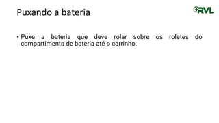 Puxando a bateria
• Puxe a bateria que deve rolar sobre os roletes do
compartimento de bateria até o carrinho.
 