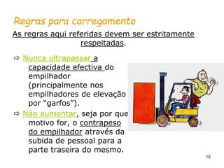 15
Regras para carregamento
 Nunca ultrapassar a
capacidade efectiva do
empilhador
(principalmente nos
empilhadores de elevação
por “garfos”).
 Não aumentar, seja por que
motivo for, o contrapeso
do empilhador através da
subida de pessoal para a
parte traseira do mesmo.
As regras aqui referidas devem ser estritamente
respeitadas.
 