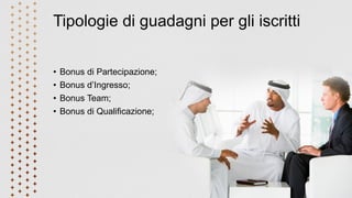 Tipologie di guadagni per gli iscritti
• Bonus di Partecipazione;
• Bonus d’Ingresso;
• Bonus Team;
• Bonus di Qualificazione;
 
