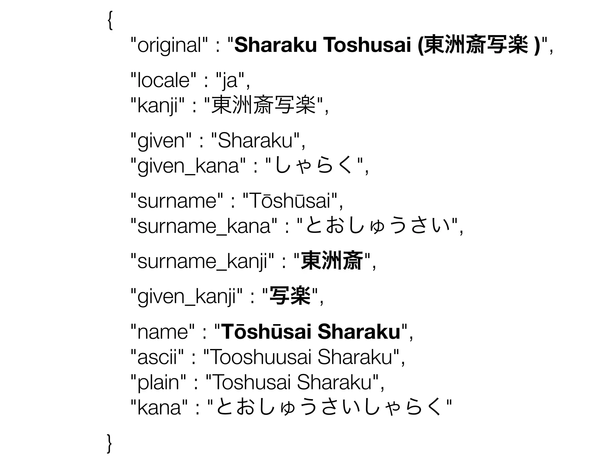 {
"original" : "Sharaku Toshusai (東洲斎写楽 )",
"locale" : "ja",
"kanji" : "東洲斎写楽",
"given" : "Sharaku",
"given_kana" : "しゃらく",
"surname" : "Tōshūsai",
"surname_kana" : "とおしゅうさい",
"surname_kanji" : "東洲斎",
"given_kanji" : "写楽",
"name" : "Tōshūsai Sharaku",
"ascii" : "Tooshuusai Sharaku",
"plain" : "Toshusai Sharaku",
"kana" : "とおしゅうさいしゃらく"
}
 