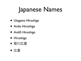 Japanese Names
• Utagawa Hiroshige	

• Ando Hiroshige	

• Andō Hiroshige	

• Hiroshige	

• 歌川広重	

• 広重
 