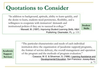 Quotations to Consider
“The particular characteristics and needs of each individual
institution drive the organization of [academic support] programs,
the format of service delivery, the overall management and operation
of the program and the methods of program evaluation.”
- Casazza, M. E. & Silverman, S. (1996). Learning Assistance and
Developmental Education. San Francisco: Jossey-Bass.
p. 71
“In addition to background, aptitude, ability to learn quickly, and
the desire to learn, students need persistence, flexibility, and a
willingness to cooperate with instructors’ demands and
institutional policies if they are to succeed in college.”
- Maxwell, M. (1997). Improving Student Learning Skills. H&H
Publishing: Clearwater, FL. p. 135
Student
Skills
Academic
Support
Services
 