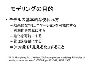 モデリングの目的
• モデルの基本的な使われ方
– 効果的なコミュニケーションを可能にする
– 再利用を容易にする
– 進化を可能にする
– 管理を容易にする
＝＞対象を「見える化」すること
W. S. Humphrey, M. I. Kellner, "Software process modeling: Principles of
entity process modeles," ICSE89, pp.331-342, ACM, 1989.
 