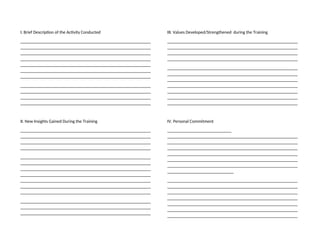 I. Brief Description of the Activity Conducted
___________________________________________________________
___________________________________________________________
___________________________________________________________
___________________________________________________________
___________________________________________________________
___________________________________________________________
___________________________________________________________
___________________________________________________________
___________________________________________________________
___________________________________________________________
___________________________________________________________
II. New Insights Gained During the Training
___________________________________________________________
___________________________________________________________
___________________________________________________________
___________________________________________________________
___________________________________________________________
___________________________________________________________
___________________________________________________________
___________________________________________________________
___________________________________________________________
___________________________________________________________
___________________________________________________________
___________________________________________________________
___________________________________________________________
___________________________________________________________
III. Values Developed/Strengthened during the Training
___________________________________________________________
___________________________________________________________
___________________________________________________________
___________________________________________________________
___________________________________________________________
___________________________________________________________
___________________________________________________________
___________________________________________________________
___________________________________________________________
___________________________________________________________
___________________________________________________________
IV. Personal Commitment
_____________________________
___________________________________________________________
___________________________________________________________
___________________________________________________________
___________________________________________________________
___________________________________________________________
___________________________________________________________
______________________________
___________________________________________________________
___________________________________________________________
___________________________________________________________
___________________________________________________________
___________________________________________________________
___________________________________________________________
___________________________________________________________
 