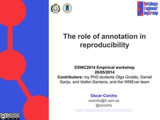 The role of annotation in
reproducibility
ESWC2014 Empirical workshop
26/05/2014
Contributors: my PhD students Olga Giraldo, Daniel
Garijo, and Idafen Santana, and the Wf4Ever team
Oscar Corcho
ocorcho@fi.upm.es
@ocorcho
https://www.slideshare.com/ocorcho
 