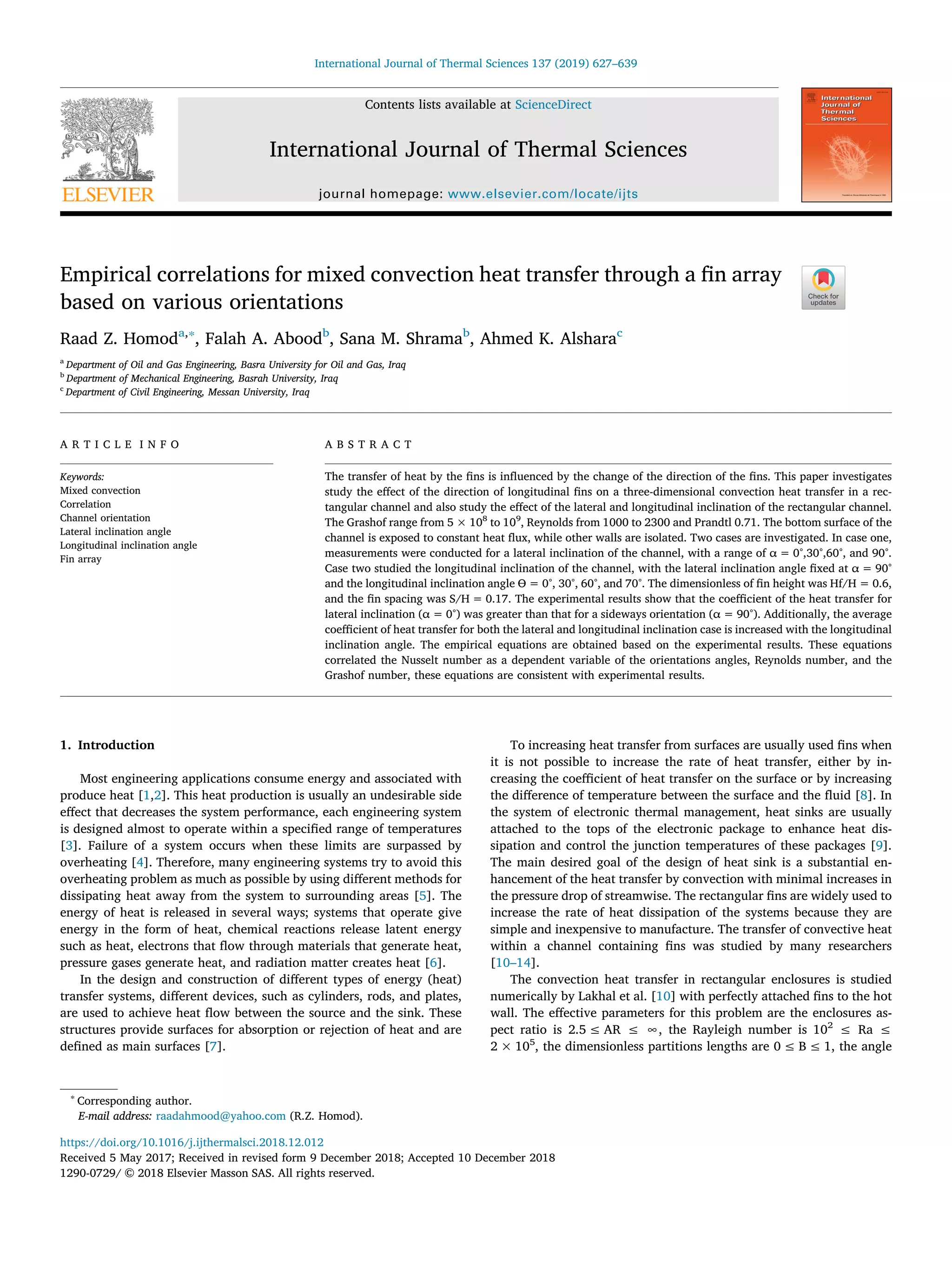 Empirical correlations for mixed convection heat transfer through a fin ...