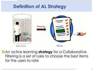 Definition of AL Strategy
¤ An active learning strategy for a Collaborative
Filtering is a set of rules to choose the best...