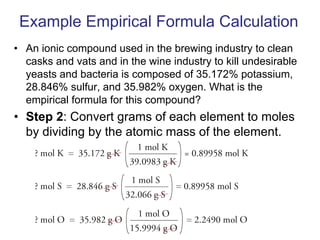 Example Empirical Formula Calculation
• An ionic compound used in the brewing industry to clean
casks and vats and in the wine industry to kill undesirable
yeasts and bacteria is composed of 35.172% potassium,
28.846% sulfur, and 35.982% oxygen. What is the
empirical formula for this compound?
• Step 2: Convert grams of each element to moles
by dividing by the atomic mass of the element.
 