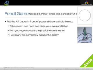 agile42 | We advise, train and coach companies building
software www.agile42.com | All rights reserved. Copyright © 2007 - 2009.
G
am
e
Pencil Game
• Put the A4 paper in front of you and draw a circle like so:
• Take pens in one hand and close your eyes and let go
• With your eyes closed try to predict where they fell
• How many are completely outside the circle?
Needed: 5 Pens/Pencils and a sheet of A4 paper
 