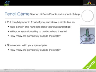 agile42 | We advise, train and coach companies building
software www.agile42.com | All rights reserved. Copyright © 2007 - 2009.
G
am
e
Pencil Game
• Put the A4 paper in front of you and draw a circle like so:
• Take pens in one hand and close your eyes and let go
• With your eyes closed try to predict where they fell
• How many are completely outside the circle?
• Now repeat with your eyes open
• How many are completely outside the circle?
Needed: 5 Pens/Pencils and a sheet of A4 paper
 