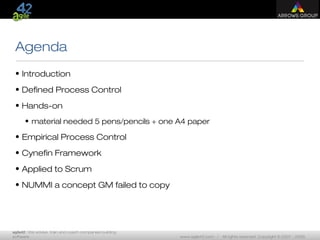 agile42 | We advise, train and coach companies building
software www.agile42.com | All rights reserved. Copyright © 2007 - 2009.
Agenda
• Introduction
• Defined Process Control
• Hands-on
• material needed 5 pens/pencils + one A4 paper
• Empirical Process Control
• Cynefin Framework
• Applied to Scrum
• NUMMI a concept GM failed to copy
 
