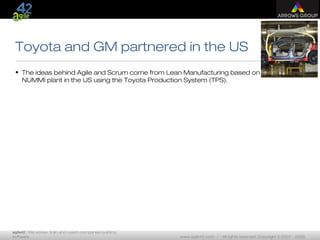 agile42 | We advise, train and coach companies building
software www.agile42.com | All rights reserved. Copyright © 2007 - 2009.
Toyota and GM partnered in the US
• The ideas behind Agile and Scrum come from Lean Manufacturing based on the
NUMMI plant in the US using the Toyota Production System (TPS).
 