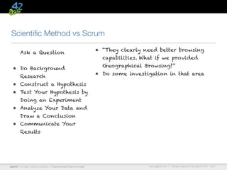 Scientiﬁc Method vs Scrum
                                                                      • “They clearly need better browsing
         Ask a Question
                                                                        capabilities. What if we provided
                                                                        Geographical Browsing?”
  • Do Background
                                                                      • Do some investigation in that area
         Research
  • Construct a Hypothesis
  • Test Your Hypothesis by
         Doing an Experiment
  • Analyze Your Data and
         Draw a Conclusion
  • Communicate Your
         Results




agile42 | The Agile Coaching Company—“Coaching Good Teams to Great”                     www.agile42.com |   All rights reserved. Copyright © 2007 - 2012.
 