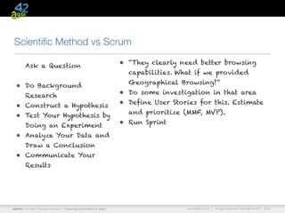 Scientiﬁc Method vs Scrum
                                                                      • “They clearly need better browsing
         Ask a Question
                                                                        capabilities. What if we provided
                                                                        Geographical Browsing?”
  • Do Background
                                                                      • Do some investigation in that area
         Research
                                                                      • Define User Stories for this. Estimate
  • Construct a Hypothesis
                                                                        and prioritize (MMF, MVP).
  • Test Your Hypothesis by
                                                                      • Run Sprint
         Doing an Experiment
  • Analyze Your Data and
         Draw a Conclusion
  • Communicate Your
         Results




agile42 | The Agile Coaching Company—“Coaching Good Teams to Great”                     www.agile42.com |   All rights reserved. Copyright © 2007 - 2012.
 