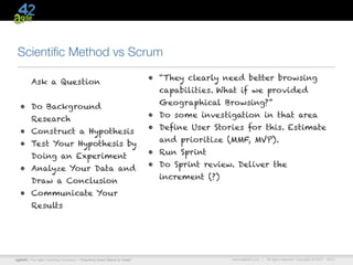 Scientiﬁc Method vs Scrum
                                                                      • “They clearly need better browsing
         Ask a Question
                                                                        capabilities. What if we provided
                                                                        Geographical Browsing?”
  • Do Background
                                                                      • Do some investigation in that area
         Research
                                                                      • Define User Stories for this. Estimate
  • Construct a Hypothesis
                                                                        and prioritize (MMF, MVP).
  • Test Your Hypothesis by
                                                                      • Run Sprint
         Doing an Experiment
                                                                      • Do Sprint review. Deliver the
  • Analyze Your Data and
                                                                        increment (?)
         Draw a Conclusion
  • Communicate Your
         Results




agile42 | The Agile Coaching Company—“Coaching Good Teams to Great”                     www.agile42.com |   All rights reserved. Copyright © 2007 - 2012.
 