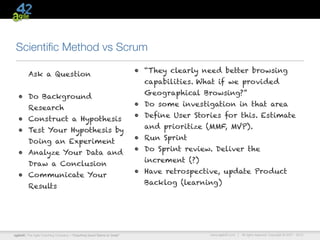 Scientiﬁc Method vs Scrum
                                                                      • “They clearly need better browsing
         Ask a Question
                                                                        capabilities. What if we provided
                                                                        Geographical Browsing?”
  • Do Background
                                                                      • Do some investigation in that area
         Research
                                                                      • Define User Stories for this. Estimate
  • Construct a Hypothesis
                                                                        and prioritize (MMF, MVP).
  • Test Your Hypothesis by
                                                                      • Run Sprint
         Doing an Experiment
                                                                      • Do Sprint review. Deliver the
  • Analyze Your Data and
                                                                        increment (?)
         Draw a Conclusion
                                                                      • Have retrospective, update Product
  • Communicate Your
                                                                        Backlog (learning)
         Results




agile42 | The Agile Coaching Company—“Coaching Good Teams to Great”                     www.agile42.com |   All rights reserved. Copyright © 2007 - 2012.
 