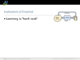 Implications of Empirical

 • Learning is “hard cash”




agile42 | The Agile Coaching Company—“Coaching Good Teams to Great”   www.agile42.com |   All rights reserved. Copyright © 2007 - 2012.
 