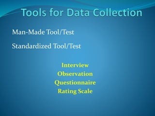 Man-Made Tool/Test
Standardized Tool/Test
Interview
Observation
Questionnaire
Rating Scale
 