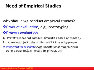 Need of Empirical Studies
Why should we conduct empirical studies?
Product evaluation, e.g., prototyping.
Process evaluation
1. Prototypes are not possible (simulation based on models).
2. A process is just a description until it is used by people
 Important for research: experimentation is mandatory in
other disciplines(e.g., medicine, physics, etc.)

 