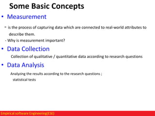 Some Basic Concepts
• Measurement
- is the process of capturing data which are connected to real-world attributes to
describe them.
- Why is measurement important?

• Data Collection
Collection of qualitative / quantitative data according to research questions

• Data Analysis
Analyzing the results according to the research questions ;
statistical tests

 