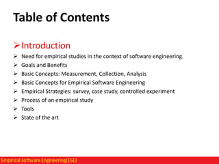 Table of Contents
Introduction









Need for empirical studies in the context of software engineering.
Goals and Benefits
Basic Concepts: Measurement, Collection, Analysis
Basic Concepts for Empirical Software Engineering
Empirical Strategies: survey, case study, controlled experiment
Process of an empirical study
Tools
State of the art

 