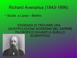 Richard Avenarius (1843-1896)

    Studia a Lipsia – Berlino


         ESIGENZA DI TROVARE UNA
    GIUSTIFICAZIONE MODERNA DEL SAPERE
        FILOSOFICO DAVANTI A QUELLO
                 SCIENTIFICO
 