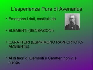 L'esperienza Pura di Avenarius

    Emergono i dati, costituiti da


    ELEMENTI (SENSAZIONI)


    CARATTERI (ESPRIMONO RAPPORTO IO-
    AMBIENTE)


    Al di fuori di Elementi e Caratteri non vi è
    niente.
 
