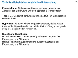 Typisches Beispiel einer empirischen Untersuchung 10
Fragestellung: Gibt es einen Zusammenhang zwischen dem
Zeitpunkt der Einschulung und dem späteren Bildungserfolg?
These: Der Zeitpunkt der Einschulung spielt für den Bildungserfolg
keinerlei Rolle.
Hypothese: Je früher Kinder eingeschult werden, desto besser
(oder schlechter) schneiden sie bei der Abiturprüfung im Vergleich
zu später eingeschulten Kindern ab.
Statistische Hypothesen:
H0: Es besteht kein Zusammenhang zwischen Zeitpunkt der
Einschulung und Abiturnote.
H1: Es besteht ein Zusammenhang zwischen Zeitpunkt der
Einschulung und Abiturnote.
 