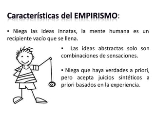 :
▪ Niega las ideas innatas, la mente humana es un
recipiente vacío que se llena.
▪ Las ideas abstractas solo son
combinaciones de sensaciones.
▪ Niega que haya verdades a priori,
pero acepta juicios sintéticos a
priori basados en la experiencia.
 