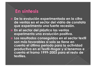   De la evolución experimentada en la cifra
   de ventas en el sector del vidrio de constata
   que experimenta una fuerte recesión.
  En el sector del plástico las ventas
   experimenta una evolución positiva.
  Los resultados conseguidos en el sector textil
   son más favorables si solo se tiene en
   cuenta el último periodo para la actividad
   productiva en el Textil-Hogar y si tenemos e
   cuenta el tramo 1999-2003 para el resto de
   textiles.
 