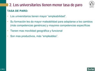 [ 12 ]
TASA DE PARO:
• Los universitarios tienen mayor “empleabilidad”.
• Su formación les da mayor maleabilidad para adaptarse a los cambios
(más competencias genéricas) y mayores competencias específicas
• Tienen mas movilidad geográfica y funcional
• Son mas productivos, más “empleables”.
2. Los universitarios tienen menor tasa de paro
 