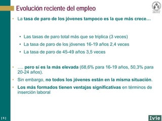 [ 5 ]
Evolución reciente del empleo
• La tasa de paro de los jóvenes tampoco es la que más crece…
• Las tasas de paro total más que se triplica (3 veces)
• La tasa de paro de los jóvenes 16-19 años 2,4 veces
• La tasa de paro de 45-49 años 3,5 veces
• …. pero sí es la más elevada (68,6% para 16-19 años, 50,3% para
20-24 años).
• Sin embargo, no todos los jóvenes están en la misma situación.
• Los más formados tienen ventajas significativas en términos de
inserción laboral
 