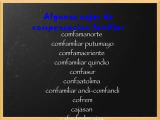 Algunas cajas de  compensacion familiar   comfamanorte   comfamiliar putumayo  comfamaoriente  comfamiliar quindio  confasur confaatolima  confamiliar andi-comfandi cofrem cajasan  cafa-fedecajas  compensar confamiliar afidro 