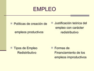 EMPLEO

 Políticas de creación de    Justificación teórica del
                                empleo con carácter
   empleos productivos             redistributivo



 Tipos de Empleo             Formas de
    Redistributivo             Financiamiento de los
                               empleos improductivos
 