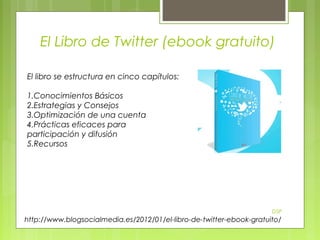 El Libro de Twitter (ebook gratuito)
El libro se estructura en cinco capítulos:
1.Conocimientos Básicos
2.Estrategias y Consejos
3.Optimización de una cuenta
4.Prácticas eficaces para
participación y difusión
5.Recursos

DSP

http://www.blogsocialmedia.es/2012/01/el-libro-de-twitter-ebook-gratuito/

 