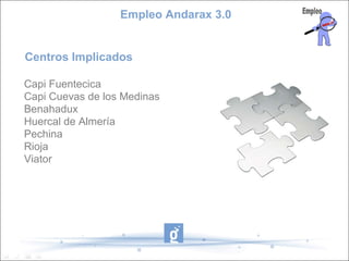 Empleo Andarax 3.0


Centros Implicados

Capi Fuentecica
Capi Cuevas de los Medinas
Benahadux
Huercal de Almería
Pechina
Rioja
Viator
 