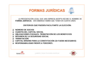 FORMAS JURÍDICAS

  LA PRESENTACIÓN LEGAL QUE UNA EMPRESA ADOPTA RECIBE EL NOMBRE DE
FORMA JURÍDICA. SIN EMBARGO HABRÁ QUE TENER EN CUENTA UNOS

       CRITERIOS QUE PUEDEN FACILITARTE LA ELECCIÓN:

NÚMERO DE SOCIOS
CUANTÍA DEL CAPITAL SOCIAL
OBLIGACIONES FISCALES- TRIBUTACIÓN DE LOS BENEFICIOS
RÉGIMEN DE LA SEGURIDAD SOCIAL
TRAMITACIÓN
CAPITAL MÍNIMO PARA LA CONSTITUCIÓN (SI FUERA NECESARIO)
RESPONSABILIDAD FRENTE A TERCEROS.




                   ¿QUIERES CREAR TU PROPIA EMPRESA?
                   ¿QUIERES CREAR TU PROPIA EMPRESA?
 