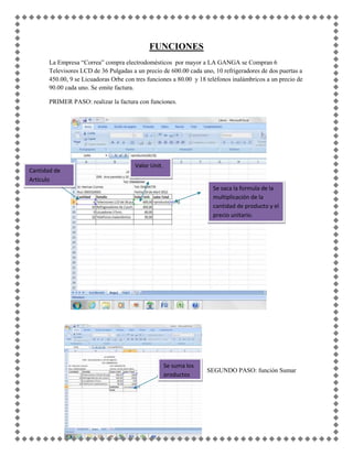 FUNCIONES
       La Empresa “Correa” compra electrodomésticos por mayor a LA GANGA se Compran 6
       Televisores LCD de 36 Pulgadas a un precio de 600.00 cada uno, 10 refrigeradores de dos puertas a
       450.00, 9 se Licuadoras Orbe con tres funciones a 80.00 y 18 teléfonos inalámbricos a un precio de
       90.00 cada uno. Se emite factura.

       PRIMER PASO: realizar la factura con funciones.




                                        Valor Unit.
Cantidad de
Articulo
                                                                      Se saca la formula de la
                                                                      multiplicación de la
                                                                      cantidad de producto y el
                                                                      precio unitario.




                                                      Se suma los
                                                                    SEGUNDO PASO: función Sumar
                                                      productos
 