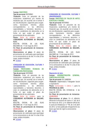 Ofertas de Empleo Público


Cuerpo: MAESTROS
Tipo de personal: INTERINO                          CONSEJERÍA DE EDUCACIÓN, CULTURA Y
Titulación: Estar en posesión de las                UNIVERSIDADES.
titulaciones académicas y/o niveles de              Cuerpo: MAESTROS DE TALLER DE ARTES
titulación que, de acuerdo con el anexo 4           PLÁSTICAS Y DISEÑO
de esta Resolución, capacitan para ocupar,          Tipo de personal: INTERINO
como      funcionario     interino,    plazas       Titulación: Estar en posesión de las
correspondientes      a     las    diferentes       titulaciones académicas y/o niveles de
especialidades y funciones docentes, o              titulación que, de acuerdo con el anexo 4
estar en condiciones de obtenerlos en la            de esta Resolución, capacitan para ocupar,
fecha en que acabe el plazo de                      como      funcionario     interino,    plazas
presentación de las solicitudes.                    correspondientes      a     las    diferentes
Plazas: Bolsa de empleo, para la                    especialidades y funciones docentes, o
COMUNIDAD AUTÓNOMA de BALEARS,                      estar en condiciones de obtenerlos en la
ILLES                                               fecha en que acabe el plazo de
BOLETÍN      OFICIAL     DE     LAS     ISLAS       presentación de las solicitudes.
BALEARES de 11 de mayo de 2012.                     Plazas: Bolsa de empleo, para la
Fin Plazo de presentación de instancias:            COMUNIDAD AUTÓNOMA de BALEARS,
24/05/2012                                          ILLES
Observaciones al plazo: El plazo de                 BOLETÍN      OFICIAL     DE     LAS     ISLAS
presentación de solicitudes para participar         BALEARES de 11 de mayo de 2012.
en la convocatoria es de día 14 a día 24 de         Fin Plazo de presentación de instancias:
mayo, ambos incluidos.                              24/05/2012
Rf: 161853                                          Observaciones al plazo: El plazo de
                                                    presentación de solicitudes para participar
CONSEJERÍA DE EDUCACIÓN, CULTURA Y                  en la convocatoria es de día 14 a día 24 de
UNIVERSIDADES.                                      mayo, ambos incluidos.
Cuerpo: PROFESORES TÉCNICOS DE                      Rf: 161852
FORMACIÓN PROFESIONAL
Tipo de personal: INTERINO                          Diputación de Jaén.
Titulación: Estar en posesión de las                Cuerpo: ADMINISTRACIÓN GENERAL,
titulaciones académicas y/o niveles de              SUBESCALA GESTIÓN
titulación que, de acuerdo con el anexo 4           Tipo de personal: DE CARRERA
de esta Resolución, capacitan para ocupar,          Titulación: Diplomada/o Trabajador Social
como      funcionario     interino,    plazas       o equivalente
correspondientes      a     las    diferentes       Plazas: Convocadas: 1, Libres: 1, para la
especialidades y funciones docentes, o              PROVINCIA de JAÉN
estar en condiciones de obtenerlos en la            BOLETÍN OFICIAL DEL ESTADO de 3 de
fecha en que acabe el plazo de                      mayo de 2012.
presentación de las solicitudes.                    Fin Plazo de presentación de instancias:
Plazas: Bolsa de empleo, para la                    23/05/2012
COMUNIDAD AUTÓNOMA de BALEARS,                      Observaciones al plazo: En el «Boletín
ILLES                                               Oficial de la Provincia de Jaén» n.º 48, de 8
BOLETÍN      OFICIAL     DE     LAS     ISLAS       de marzo de 2012, y en «Boletín Oficial de
BALEARES de 11 de mayo de 2012.                     la Junta de Andalucía» n.º 98, de 2 de abril
Fin Plazo de presentación de instancias:            de 2012, se han publicado íntegramente las
24/05/2012                                          bases que han de regir la convocatoria
Observaciones al plazo: El plazo de                 Rf: 161804
presentación de solicitudes para participar
en la convocatoria es de día 14 a día 24 de
mayo, ambos incluidos.
Rf: 161848


                                                8
 