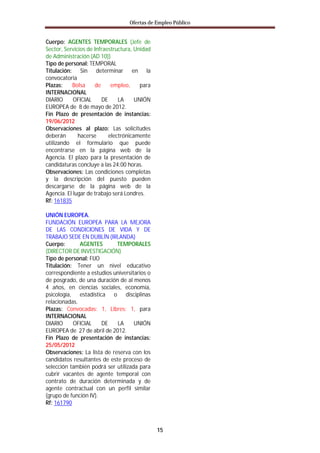 Ofertas de Empleo Público


Cuerpo: AGENTES TEMPORALES (Jefe de
Sector, Servicios de Infraestructura, Unidad
de Administración (AD 10))
Tipo de personal: TEMPORAL
Titulación: Sin determinar en la
convocatoria
Plazas:    Bolsa     de     empleo,     para
INTERNACIONAL
DIARIO      OFICIAL     DE     LA     UNIÓN
EUROPEA de 8 de mayo de 2012.
Fin Plazo de presentación de instancias:
19/06/2012
Observaciones al plazo: Las solicitudes
deberán       hacerse      electrónicamente
utilizando el formulario que puede
encontrarse en la página web de la
Agencia. El plazo para la presentación de
candidaturas concluye a las 24:00 horas.
Observaciones: Las condiciones completas
y la descripción del puesto pueden
descargarse de la página web de la
Agencia. El lugar de trabajo será Londres.
Rf: 161835

UNIÓN EUROPEA.
FUNDACIÓN EUROPEA PARA LA MEJORA
DE LAS CONDICIONES DE VIDA Y DE
TRABAJO SEDE EN DUBLÍN (IRLANDA)
Cuerpo:       AGENTES        TEMPORALES
(DIRECTOR DE INVESTIGACIÓN)
Tipo de personal: FIJO
Titulación: Tener un nivel educativo
correspondiente a estudios universitarios o
de posgrado, de una duración de al menos
4 años, en ciencias sociales, economía,
psicología, estadística o disciplinas
relacionadas.
Plazas: Convocadas: 1, Libres: 1, para
INTERNACIONAL
DIARIO     OFICIAL     DE    LA     UNIÓN
EUROPEA de 27 de abril de 2012.
Fin Plazo de presentación de instancias:
25/05/2012
Observaciones: La lista de reserva con los
candidatos resultantes de este proceso de
selección también podrá ser utilizada para
cubrir vacantes de agente temporal con
contrato de duración determinada y de
agente contractual con un perfil similar
(grupo de función IV).
Rf: 161790



                                               15
 
