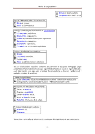 Ofertas de Empleo Público


                                                               1   DETALLE de la convocatoria.
                                                               2   SEGUIMIENTO de la convocatoria.

Tipo de Consulta de convocatorias abiertas
 1   BOLSA de Empleo.
 2   TODAS las convocatorias.

Filtro por titulación (Ver equivalencias en Observaciones)
 1   LICENCIATURA o equivalente.
 2   DIPLOMATURA o equivalente.
 3   TÉCNICO de Formación Profesional o equivalente.
 4   BACHILLERATO o equivalente.
 5   SECUNDARIA o equivalente.
 6   CERTIFICADO de escolaridad o equivalente.

Filtro por Administración convocante
 1   ESTADO.
 2   COMUNIDAD Autónoma.
 3   Entidad LOCAL.
 4   TODAS las administraciones anteriores.

Una vez efectuadas las elecciones conformes a sus criterios de búsqueda, tome papel y lápiz
para anotar el número de referencia (que le permitirá consultar de nuevo en el portal de voz, o
pedir información a un operador o localizar la convocatoria en Internet rápidamente) y
cualquier otro dato de su interés.

Cuando esté preparado:
   puede COMENZAR a escuchar el listado de convocatorias existentes en el 060 que se
 1
   corresponden a sus elecciones de Titulación y Administración Convocante

Navegación por el listado de convocatorias
 1   Saltar a la SIGUIENTE.
 2   Regresar a la ANTERIOR.
 3   Entidad REPETIR la actual.
 4   Volver al INICIO del listado.
 5   AMPLIAR la información de la actual.



Al final del listado de convocatorias
 1   REPETIR listado.
 2   CONTINUAR.


Si se accede a la escucha de la información ampliada o del seguimiento de una convocatoria:



                                              21
 