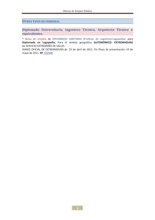 Ofertas de Empleo Público



OTROS TIPOS DE PERSONAL

Diplomado Universitario, Ingeniero Técnico, Arquitecto Técnico o
equivalentes.
* Bolsa de empleo de DIPLOMADO SANITARIO (Profesor de Logofonía-Logopedia) para
Diplomado en Logopedia; Para el ámbito geográfico AUTONÓMICO: EXTREMADURA
de SERVICIO EXTREMEÑO DE SALUD.
DIARIO OFICIAL DE EXTREMADURA de 25 de abril de 2011. Fin Plazo de presentación: 19 de
mayo de 2011. Rf: 159500




                                           6
 
