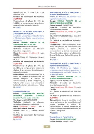 Ofertas de Empleo Público


BOLETÍN OFICIAL DEL ESTADO de 11 de                   MINISTERIO DE POLÍTICA TERRITORIAL Y
marzo de 2011.                                        ADMINISTRACIÓN PÚBLICA.
Fin Plazo de presentación de instancias:              Ámbito del Ministerio de Defensa y sus
27/04/2011                                            organismos autónomos.
Observaciones al plazo: En BOE del                    Cuerpo: GENERAL AUXILIAR DE LA
7.4.2011, se corrigen errores y se abre un            ADMINISTRACIÓN DEL ESTADO
nuevo plazo de veinte días naturales                  Tipo de personal: INGRESO LIBRE
Rf: 159095                                            Titulación: Graduado en Educación
                                                      Secundaria o equivalente
MINISTERIO DE POLÍTICA TERRITORIAL Y                  Plazas: Convocadas: 20 , Libres: 20 , para
ADMINISTRACIÓN PÚBLICA.                               ESPAÑA
Ámbito del Ministerio de Política Territorial         BOLETÍN OFICIAL DEL ESTADO de 6 de abril
y Administración Pública y sus organismos             de 2011.
autónomos.                                            Fin Plazo de presentación de instancias:
Cuerpo: GENERAL AUXILIAR DE LA                        26/04/2011
ADMINISTRACIÓN DEL ESTADO                             Observaciones: Concurso-oposición, en el
Tipo de personal: INGRESO LIBRE                       marco del proceso de consolidación del
Titulación: Graduado en Educación                     empleo     temporal.    A efectos        de
Secundaria o equivalente                              comunicaciones y demás incidencias, el
Plazas: Convocadas: 10 , Libres: 10 , para            Tribunal tendrá su sede en la Subdirección
ESPAÑA                                                General de Personal Civil del Ministerio de
BOLETÍN OFICIAL DEL ESTADO de 6 de abril              Defensa.
de 2011.                                              Rf: 159315
Fin Plazo de presentación de instancias:
13/05/2011                                            MINISTERIO DE POLÍTICA TERRITORIAL Y
Observaciones al plazo: En BOE del                    ADMINISTRACIÓN PÚBLICA.
23.4.2011, se corrigen errores y se amplía            Ámbito del Ministerio de Trabajo e
el plazo de presentación de solicitudes en            Inmigración, sus organismos autónomos y
veinte días naturales                                 entidades gestoras y servicios comunes de
Observaciones: Concurso-oposición, en el              la Seguridad Social.
marco del proceso de consolidación del                Cuerpo: GENERAL AUXILIAR DE LA
empleo      temporal.     A efectos        de         ADMINISTRACIÓN DEL ESTADO
comunicaciones y demás incidencias, el                Tipo de personal: INGRESO LIBRE
Tribunal tendrá su sede en el Ministerio de           Titulación: Graduado en Educación
Política Territorial y Administración Pública.        Secundaria o equivalente
Rf: 159309                                            Plazas: Convocadas: 20 , Libres: 20 , para
                                                      ESPAÑA
Ayuntamiento de Vigo.                                 BOLETÍN OFICIAL DEL ESTADO de 6 de abril
Cuerpo: ADMINISTRACIÓN ESPECIAL,                      de 2011.
SUBESCALA        SERVICIOS      ESPECIALES            Fin Plazo de presentación de instancias:
(Inspector Auxiliar Medio Ambiente)                   26/04/2011
Tipo de personal: INGRESO LIBRE                       Observaciones: Concurso-oposición, en el
Titulación: Graduado en educación                     marco del proceso de consolidación del
secundaria obligatoria o equivalente                  empleo      temporal.   A efectos        de
Plazas: Convocadas: 1 , Libres: 1 , para la           comunicaciones y demás incidencias, el
PROVINCIA de PONTEVEDRA                               Tribunal tendrá su sede en el Ministerio de
BOLETÍN OFICIAL DEL ESTADO de 6 de abril              Trabajo e Inmigración.
de 2011.                                              Rf: 159308
Fin Plazo de presentación de instancias:
26/04/2011                                            Ayuntamiento de Punta Umbría.
Rf: 159322                                            Cuerpo: AUXILIAR ADMINISTRATIVO
                                                      Tipo de personal: INGRESO LIBRE


                                                 17
 