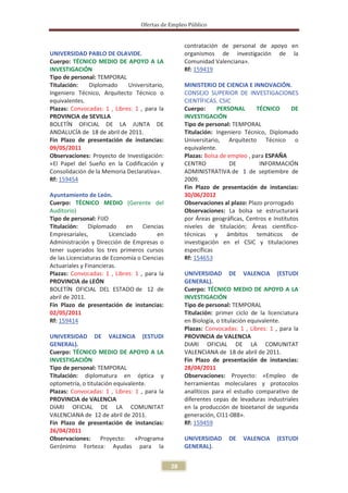 Ofertas de Empleo Público


                                                   contratación de personal de apoyo en
UNIVERSIDAD PABLO DE OLAVIDE.                      organismos de investigación de la
Cuerpo: TÉCNICO MEDIO DE APOYO A LA                Comunidad Valenciana».
INVESTIGACIÓN                                      Rf: 159419
Tipo de personal: TEMPORAL
Titulación:   Diplomado      Universitario,        MINISTERIO DE CIENCIA E INNOVACIÓN.
Ingeniero Técnico, Arquitecto Técnico o            CONSEJO SUPERIOR DE INVESTIGACIONES
equivalentes.                                      CIENTÍFICAS. CSIC
Plazas: Convocadas: 1 , Libres: 1 , para la        Cuerpo:      PERSONAL      TÉCNICO      DE
PROVINCIA de SEVILLA                               INVESTIGACIÓN
BOLETÍN OFICIAL DE LA JUNTA DE                     Tipo de personal: TEMPORAL
ANDALUCÍA de 18 de abril de 2011.                  Titulación: Ingeniero Técnico, Diplomado
Fin Plazo de presentación de instancias:           Universitario, Arquitecto Técnico o
09/05/2011                                         equivalente.
Observaciones: Proyecto de Investigación:          Plazas: Bolsa de empleo , para ESPAÑA
«El Papel del Sueño en la Codificación y           CENTRO           DE         INFORMACIÓN
Consolidación de la Memoria Declarativa».          ADMINISTRATIVA de 1 de septiembre de
Rf: 159454                                         2009.
                                                   Fin Plazo de presentación de instancias:
Ayuntamiento de León.                              30/06/2012
Cuerpo: TÉCNICO MEDIO (Gerente del                 Observaciones al plazo: Plazo prorrogado
Auditorio)                                         Observaciones: La bolsa se estructurará
Tipo de personal: FIJO                             por Áreas geográficas, Centros e Institutos
Titulación:    Diplomado      en   Ciencias        niveles de titulación; Áreas científico-
Empresariales,         Licenciado       en         técnicas y ámbitos temáticos de
Administración y Dirección de Empresas o           investigación en el CSIC y titulaciones
tener superados los tres primeros cursos           específicas
de las Licenciaturas de Economía o Ciencias        Rf: 154653
Actuariales y Financieras.
Plazas: Convocadas: 1 , Libres: 1 , para la        UNIVERSIDAD DE VALENCIA (ESTUDI
PROVINCIA de LEÓN                                  GENERAL).
BOLETÍN OFICIAL DEL ESTADO de 12 de                Cuerpo: TÉCNICO MEDIO DE APOYO A LA
abril de 2011.                                     INVESTIGACIÓN
Fin Plazo de presentación de instancias:           Tipo de personal: TEMPORAL
02/05/2011                                         Titulación: primer ciclo de la licenciatura
Rf: 159414                                         en Biología, o titulación equivalente.
                                                   Plazas: Convocadas: 1 , Libres: 1 , para la
UNIVERSIDAD DE VALENCIA (ESTUDI                    PROVINCIA de VALENCIA
GENERAL).                                          DIARI OFICIAL DE LA COMUNITAT
Cuerpo: TÉCNICO MEDIO DE APOYO A LA                VALENCIANA de 18 de abril de 2011.
INVESTIGACIÓN                                      Fin Plazo de presentación de instancias:
Tipo de personal: TEMPORAL                         28/04/2011
Titulación: diplomatura en óptica y                Observaciones: Proyecto: «Empleo de
optometría, o titulación equivalente.              herramientas moleculares y protocolos
Plazas: Convocadas: 1 , Libres: 1 , para la        analíticos para el estudio comparativo de
PROVINCIA de VALENCIA                              diferentes cepas de levaduras industriales
DIARI OFICIAL DE LA COMUNITAT                      en la producción de bioetanol de segunda
VALENCIANA de 12 de abril de 2011.                 generación, CI11-088».
Fin Plazo de presentación de instancias:           Rf: 159459
26/04/2011
Observaciones: Proyecto: «Programa                 UNIVERSIDAD     DE    VALENCIA    (ESTUDI
Gerónimo Forteza: Ayudas para la                   GENERAL).


                                              28
 